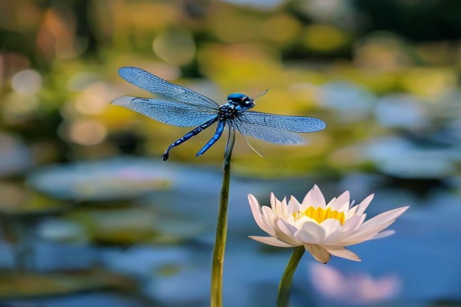 Libelulă pe o plantă acvatică la marginea iazului natural