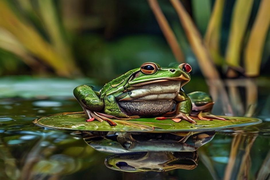 Broască în iazul natural printre plante acvatice