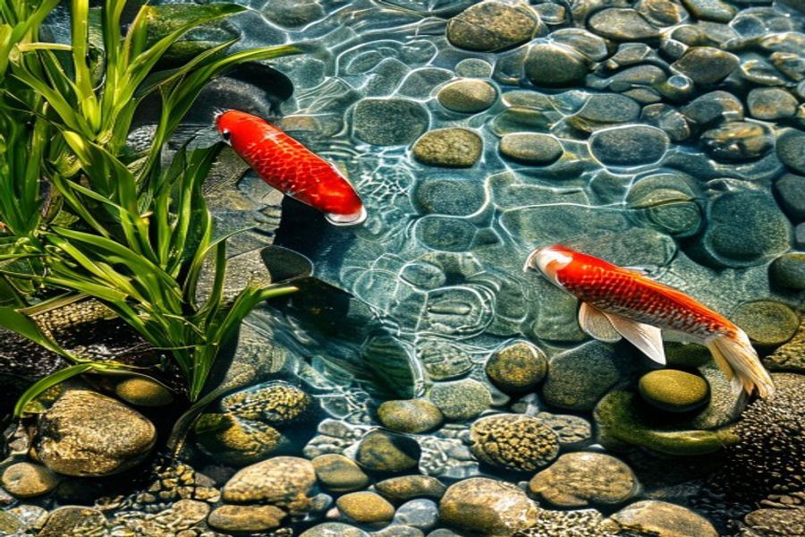Pești koi înotând în apa cristalină a unui iaz natural