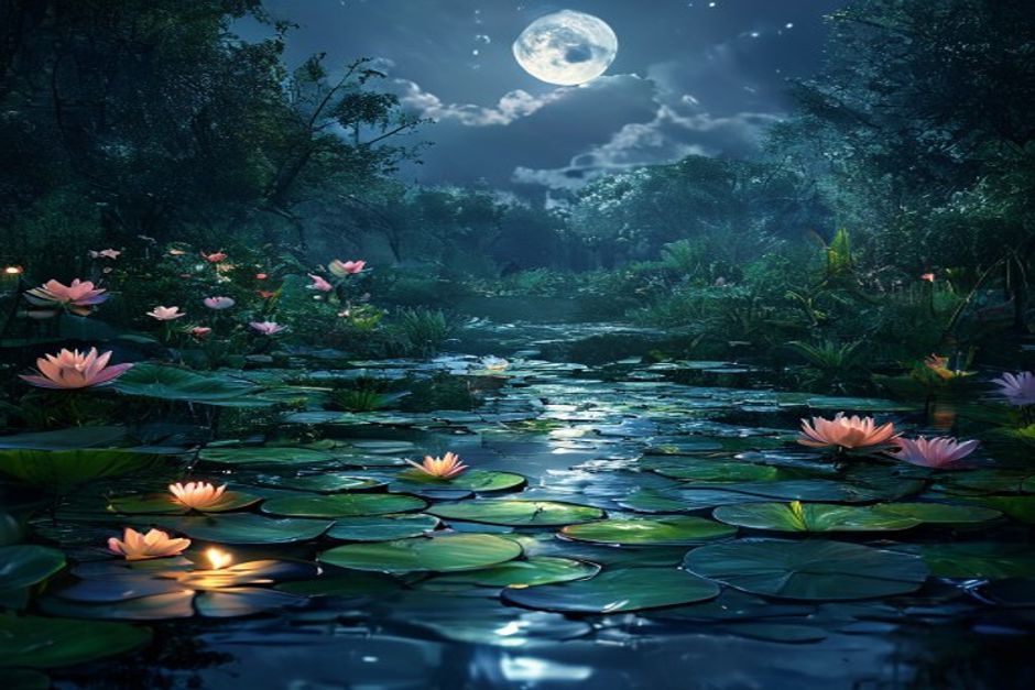 Iaz de grădină noaptea cu efect de lumină lunară peste nuferi