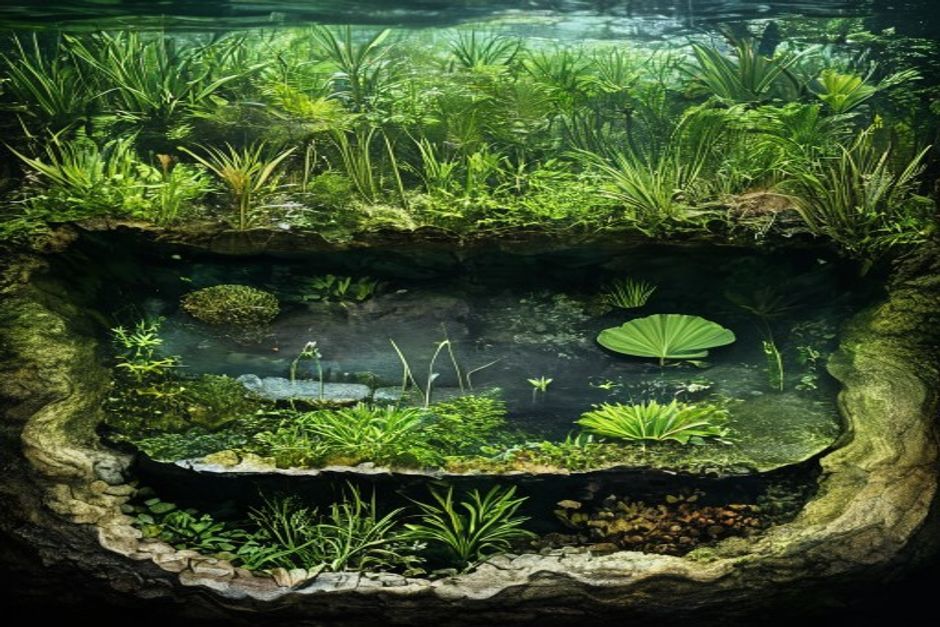 Secțiune transversală a unui iaz natural arătând zonele de adâncime cu plante acvatice