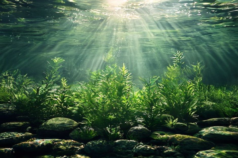 Plante acvatice submerse în apa limpede a unui iaz natural din România