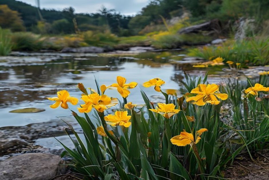 Iris pseudacorus - irisul de apă galben în floare la marginea iazului natural