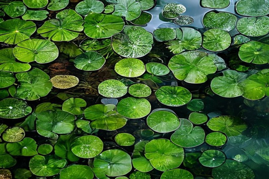 Frunze de nufăr plutind pe suprafața unui iaz natural