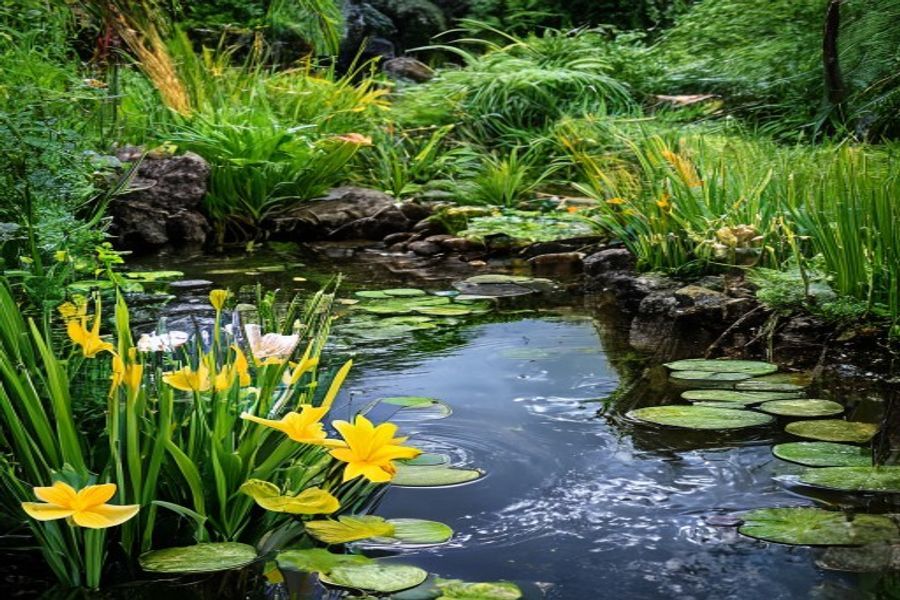 Iaz natural acoperit cu nuferi și plante acvatice