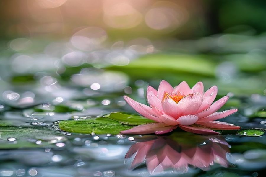 Nufăr roz (Nymphaea) înflorit pe suprafața unui iaz natural